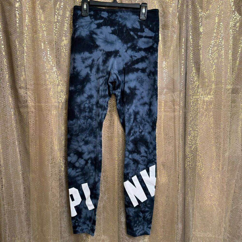 PINK Victorias Secret High Waist Blue‎ Black Tie Dye Logo Yoga Leggings Small